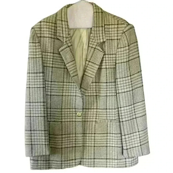 Vintage Russ Women's Teal, Gray and Tan Plaid 2 Piece Skirt Jacket Suit, size 12 - Picture 1 of 8